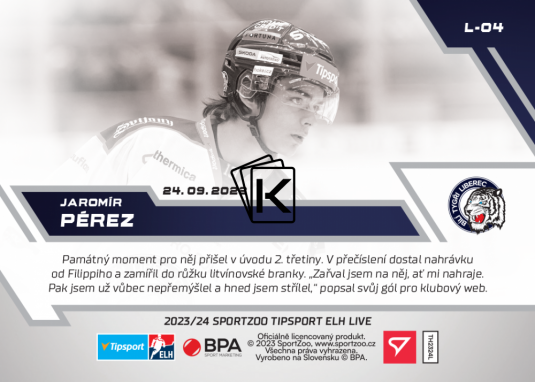 Hokejová kartička SportZoo 2023-24 Live L-04 Jaromír Peréz HC Bílí Tygři Liberec RC