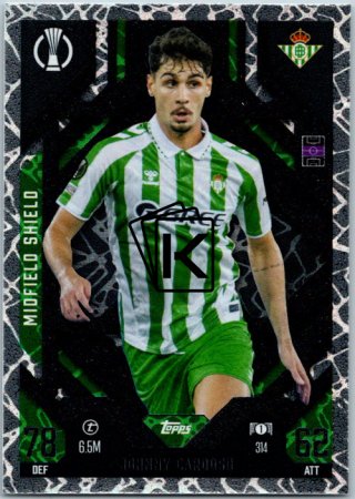 Fotbalová kartička 2024-25 Topps Match Attax EXTRA UEFA Club Competitions Midfield Shield 314 Johnny Cardoso (Real Betis Balompié)