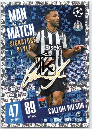 Fotbalová kartička 2023-24 Topps Match Attax UEFA Club Competitions  Man of the Match Signature Style 409	Callum Wilson Newcastle United