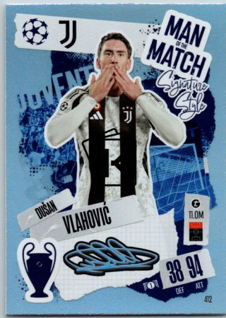 fotbalová kartička 2024-25 Topps Match Attax UEFA Club Competitions Man of the Match Signature Style 412 Dušan Vlahović (Juventus)