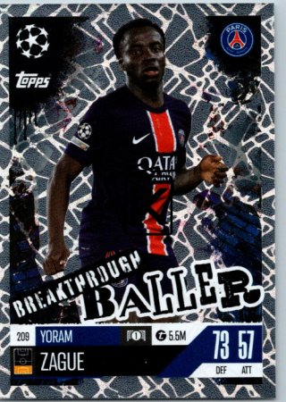 Fotbalová kartička 2024-25 Topps Match Attax EXTRA UEFA Club Competitions Breakthrough Baller 209 Yoram Zague (Paris Saint-Germain)