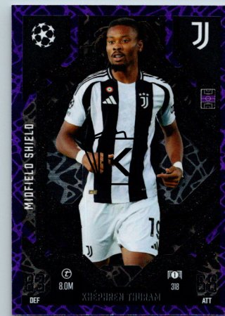 Fotbalová kartička 2024-25 Topps Match Attax EXTRA UEFA Club Competitions Midfield Shield 318.  Khépheren Thuram (Juventus) Purple Parallel