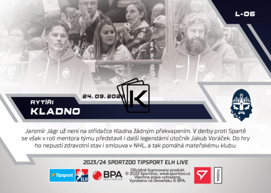 Hokejová kartička SportZoo 2023-24 Live L-06 Rytíři Kladno Světové hvězdy na lavičce Kladna  Jágr / Voráček