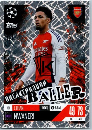 Fotbalová kartička 2024-25 Topps Match Attax EXTRA UEFA Club Competitions Breakthrough Baller 191 Ethan Nwaneri (Arsenal)