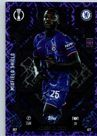 Fotbalová kartička 2024-25 Topps Match Attax EXTRA UEFA Club Competitions Midfield Shield 311.  Moisés Caicedo (Chelsea) Purple Parallel