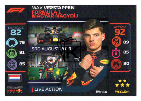 2020 Topps Formule 1 Turbo Attax 84 Live Action Max Verstappen Aston Martin Red Bull Racing