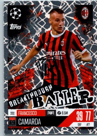 Fotbalová kartička 2024-25 Topps Match Attax EXTRA UEFA Club Competitions Breakthrough Baller 202 Francesco Camarda (AC Milan)