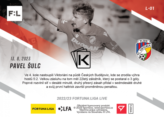 fotbalová kartička 2023-24 SportZoo Fortuna Liga Live L-01 Pavel Šulc FC Viktoria Plzeň - První hattrick
