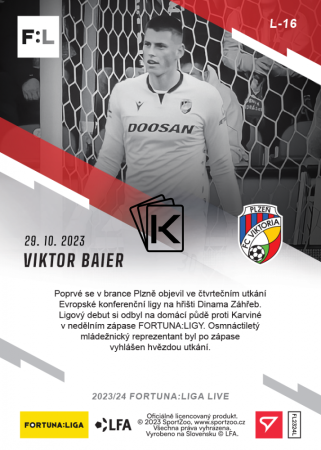 fotbalová kartička 2023-24 SportZoo Fortuna Liga Live L-16 Viktor Baier FK Viktoria Plzeň RC /69