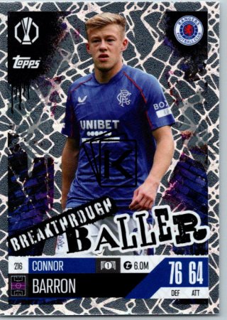 Fotbalová kartička 2024-25 Topps Match Attax EXTRA UEFA Club Competitions Breakthrough Baller 216 Connor Barron (Rangers FC)