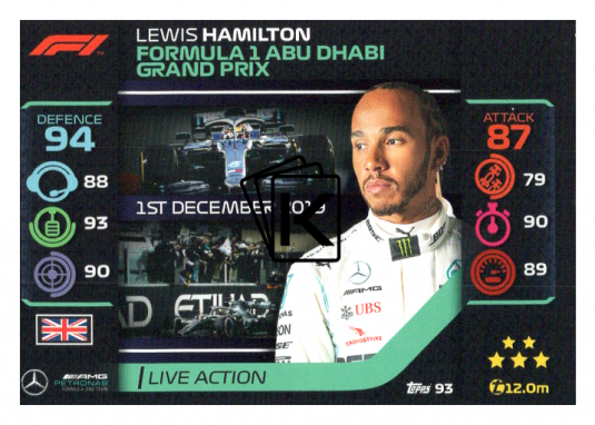 2020 Topps Formule 1 Turbo Attax 93 Live Action Lewis Hamilton Mercedes AMG