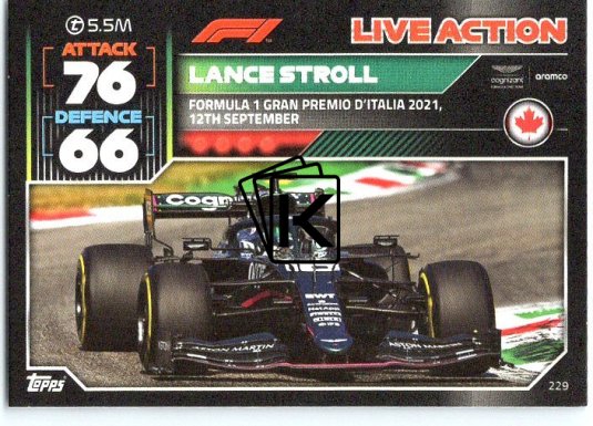 2022 Topps Formule 1Turbo Attax F1 Live Action 2021 229 Lance Stroll (Aston Martin)