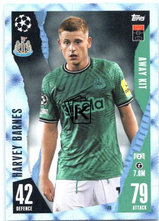 2023-24 Topps Match Attax EXTRA UEFA Club Competition Blue Crystal Parallel Away Kit 76 Harvey Barnes (Newcastle United)