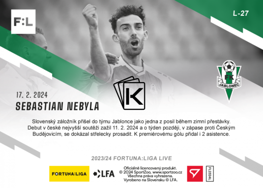 fotbalová kartička 2023-24 SportZoo Fortuna Liga Live L-27 Sebastian Nebyla FK Jablonec RC /32