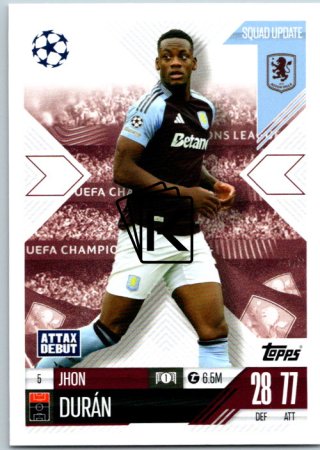 Fotbalová kartička 2024-25 Topps Match Attax EXTRA UEFA Club Competitions Squad Update 5.  Jhon Durán (Aston Villa)