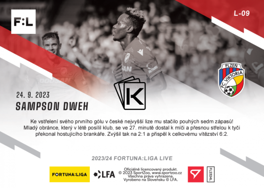 fotbalová kartička 2023-24 SportZoo Fortuna Liga Live L-09 Sampson Dweh FC Viktoria Plzeň RC