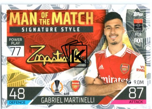Fotbalová kartička 2022-23 Topps Match Attax UCL Man of The Match Siganture Style 428 Gabriel Martinelli - Arsenal