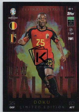 fotbalová karta Topps Match Attax EURO 2024 Raw Talent Limited Edition RTLE1  Jérémy Doku (Belgium)