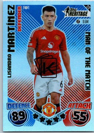 Fotbalová kartička 2024-25 Topps Match Attax EXTRA UEFA Club Competitions Topps Heritage - Man of the Match 273 Lisandro Martínez (Manchester United)