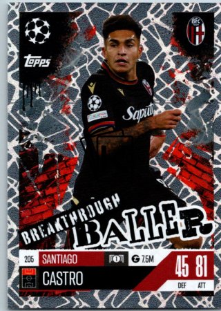 Fotbalová kartička 2024-25 Topps Match Attax EXTRA UEFA Club Competitions Breakthrough Baller 205 Santiago Castro (Bologna FC 1909)