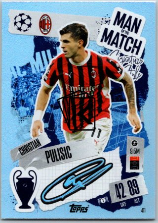 fotbalová kartička 2024-25 Topps Match Attax UEFA Club Competitions Man of the Match Signature Style 411 Christian Pulisic (AC Milan)