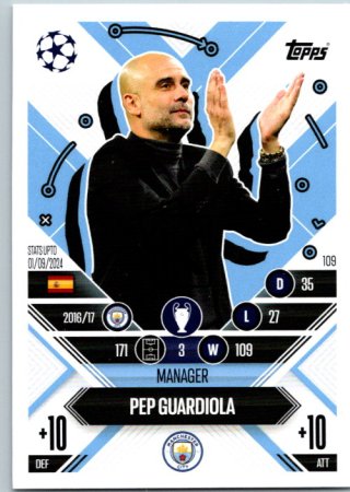 Fotbalová kartička 2024-25 Topps Match Attax EXTRA UEFA Club Competitions Manager Career 109.  Pep Guardiola (Manchester City)