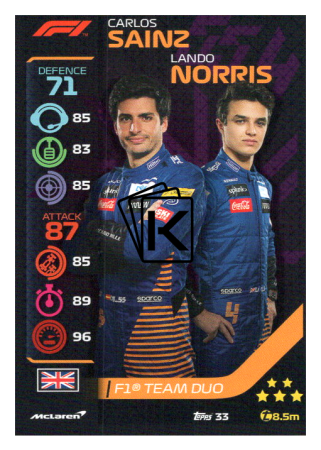 2020 Topps Formule 1Turbo Attax 33 Team Duo Carlos Sainz & Lando Norris McLaren F1 Team