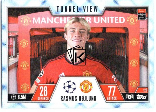 2023-24 Topps Match Attax EXTRA UEFA Club Competition Blue Crystal Parallel Tunnel View 120 Rasmus Højlund (Manchester United)