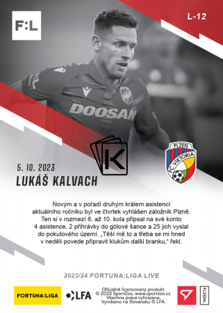 fotbalová kartička 2023-24 SportZoo Fortuna Liga Live L-12 Lukáš Kalvach FK Viktoria Plzeň