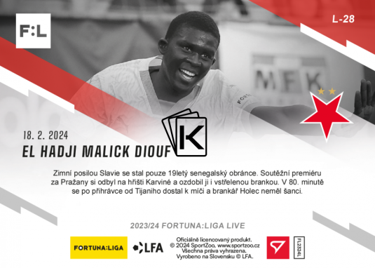 fotbalová kartička 2023-24 SportZoo Fortuna Liga Live L-28 El Hadji Malick DIOUF SK Slavia Praha RC /77