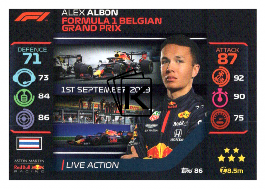 2020 Topps Formule 1 Turbo Attax 86 Live Action Alex Albon Aston Martin Red Bull Racing