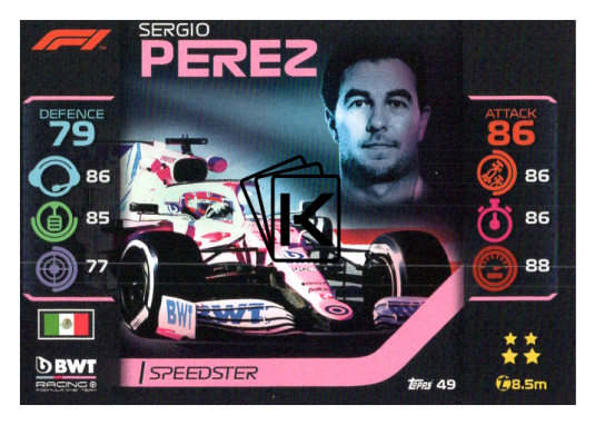 2020 Topps Formule 1 Turbo Attax 49 Speedster Sergio Perez BWT Racing Point