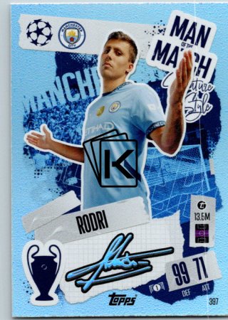 fotbalová kartička 2024-25 Topps Match Attax UEFA Club Competitions Man of the Match Signature Style 397 Rodri (Manchester City)