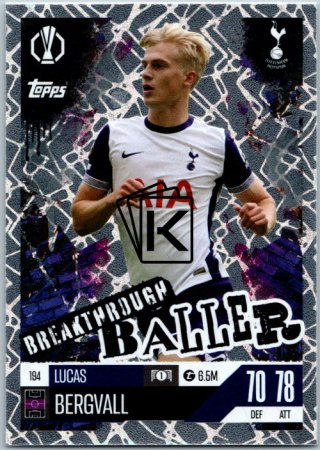 Fotbalová kartička 2024-25 Topps Match Attax EXTRA UEFA Club Competitions Breakthrough Baller 194 Lucas Bergvall (Tottenham Hotspur)
