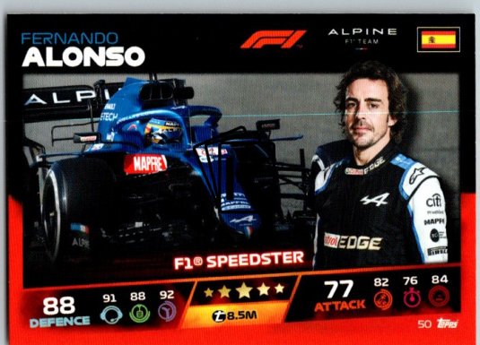 2021 Topps Formule 1 Turbo Attax 50 Speedster Fernando Alonso Alpine F1