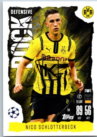 Fotbalová kartička 2024-25 Topps Match Attax EXTRA UEFA Club Competitions Defensive Rock 94 Nico Schlotterbeck (Borussia Dortmund)
