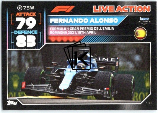 2022 Topps Formule 1Turbo Attax F1 Live Action 2021 188 Fernando Alonso (Alpine)