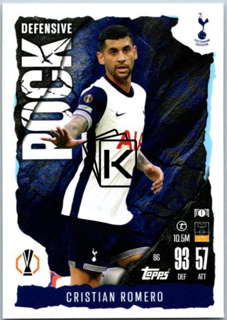 Fotbalová kartička 2024-25 Topps Match Attax EXTRA UEFA Club Competitions Defensive Rock 86 Cristian Romero (Tottenham Hotspur)