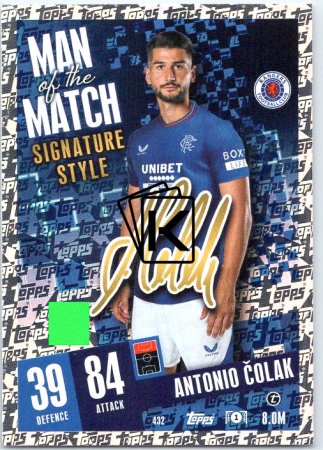 Fotbalová kartička 2023-24 Topps Match Attax UEFA Club Competitions  Man of the Match Signature Style  432	Antonio Čolak Rangers FC