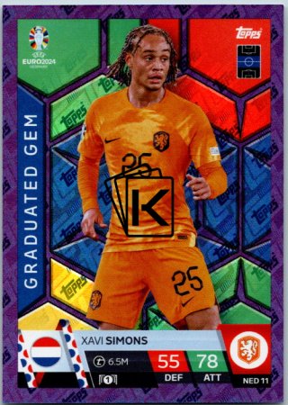 fotbalová karta Topps Match Attax EURO 2024 Purple Sapphire Holograph Graduated Gems NED 11.  Xavi Simons (Netherlands)