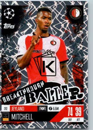 Fotbalová kartička 2024-25 Topps Match Attax EXTRA UEFA Club Competitions Breakthrough Baller 212 Jeyland Mitchell (Feyenoord)