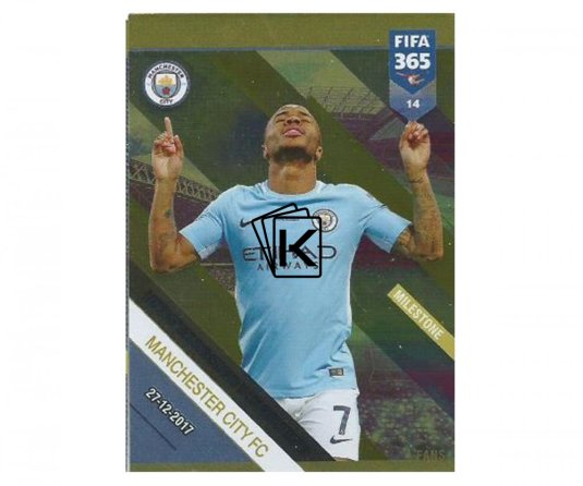 Fotbalová kartička Panini FIFA 365 – 2019 Fans 14 Raheem Sterling Manchester City Milestone