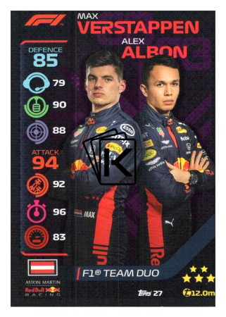 2020 Topps Formule 1Turbo Attax 27 Team Duo Max Verstappen & Alex Albon Aston Martin Red Bull Racing Team