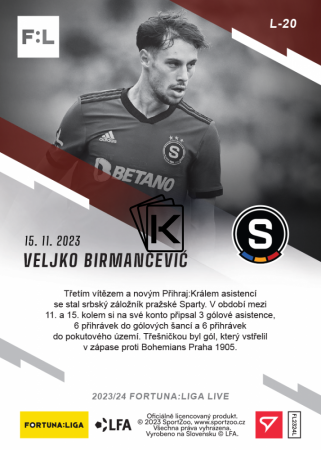 fotbalová kartička 2023-24 SportZoo Fortuna Liga Live L-20 Veljko Birmančević AC Sparta Praha /155