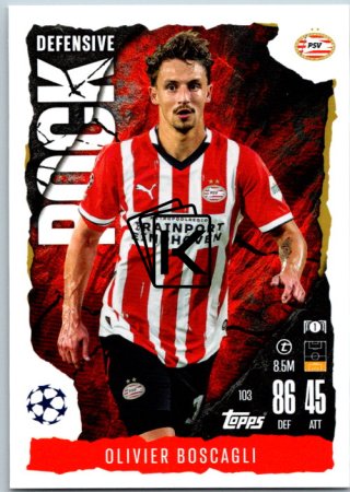 Fotbalová kartička 2024-25 Topps Match Attax EXTRA UEFA Club Competitions Defensive Rock 103 Olivier Boscagli (PSV Eindhoven)