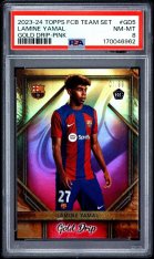 Gradovaná karta 2023-24 Topps FC Barcelona Team Set Gold Drip Pink #GD-5 Lamine Yamal /99 (RC) PSA 8