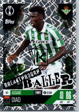 Fotbalová kartička 2024-25 Topps Match Attax EXTRA UEFA Club Competitions Breakthrough Baller 197 Assane Diao (Real Betis Balompié)