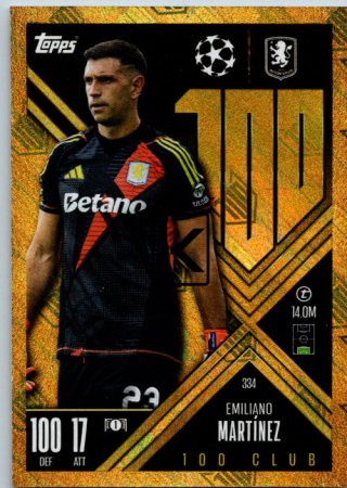 Fotbalová kartička 2024-25 Topps Match Attax EXTRA UEFA Club Competitions 100 CLUB 334.  Emiliano Martínez (Aston Villa)
