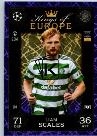 Fotbalová kartička 2024-25 Topps Match Attax EXTRA UEFA Club Competitions Kings of Europe 269.  Liam Scales (Celtic FC) Purple Parallel