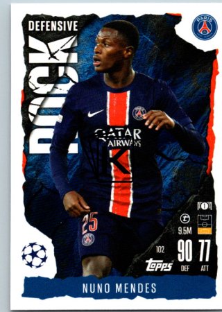 Fotbalová kartička 2024-25 Topps Match Attax EXTRA UEFA Club Competitions Defensive Rock 102  Nuno Mendes (Paris Saint-Germain)